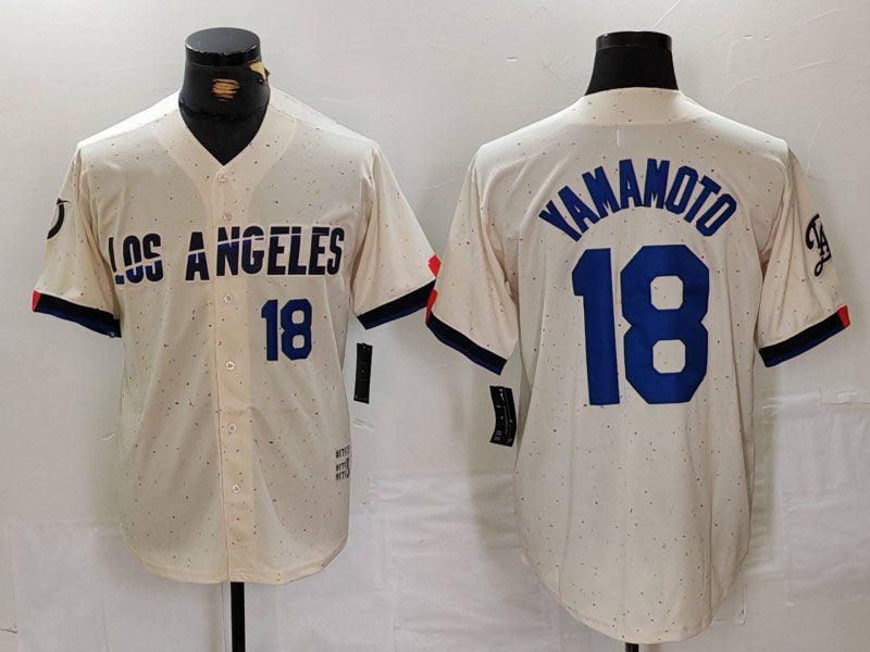 Custom #18 Cream 2024 City Connect LAD Baseball Shirt Top